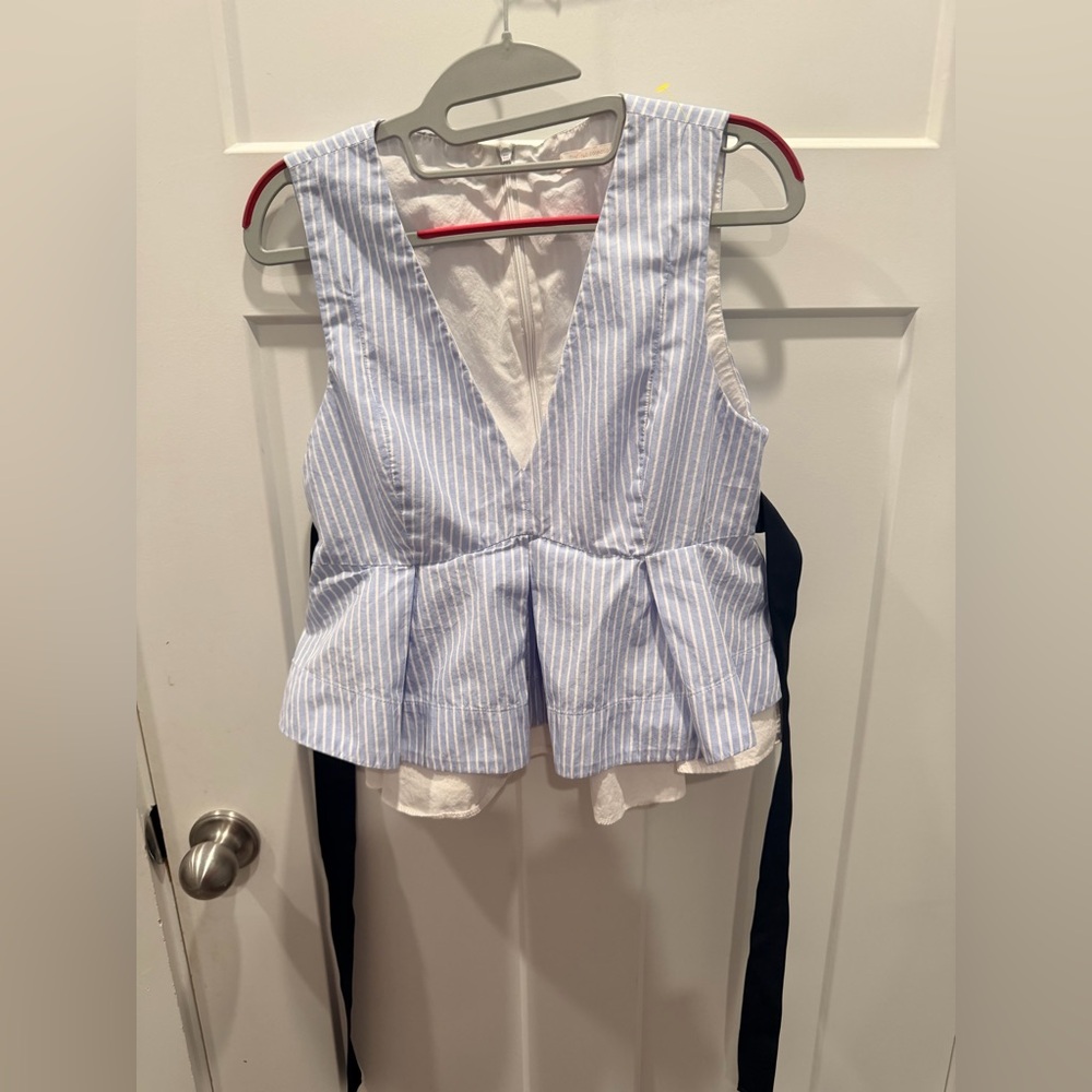 Zara Light Blue and White Striped Peplum V-Neck Top